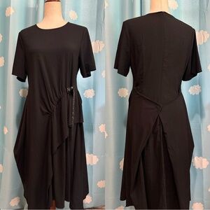 Asymmetric dress with buckles and drape-8